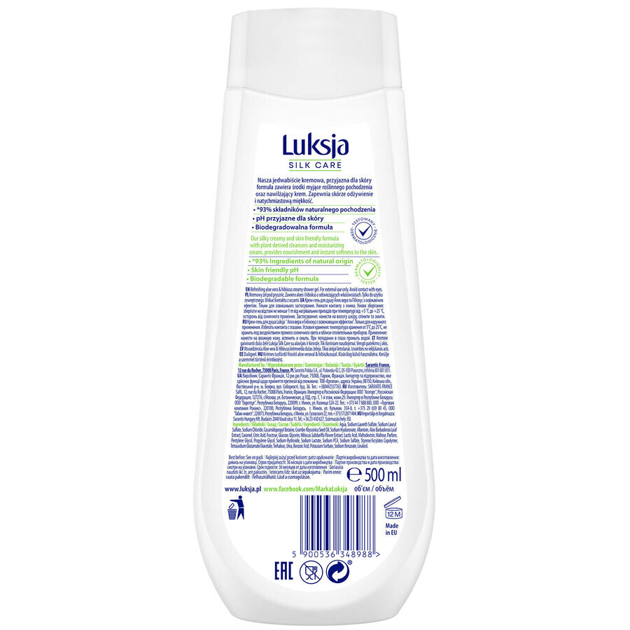 Luksja Silk Care, romige douchegel, verfrissend, aloë en hibiscus, 500 ml