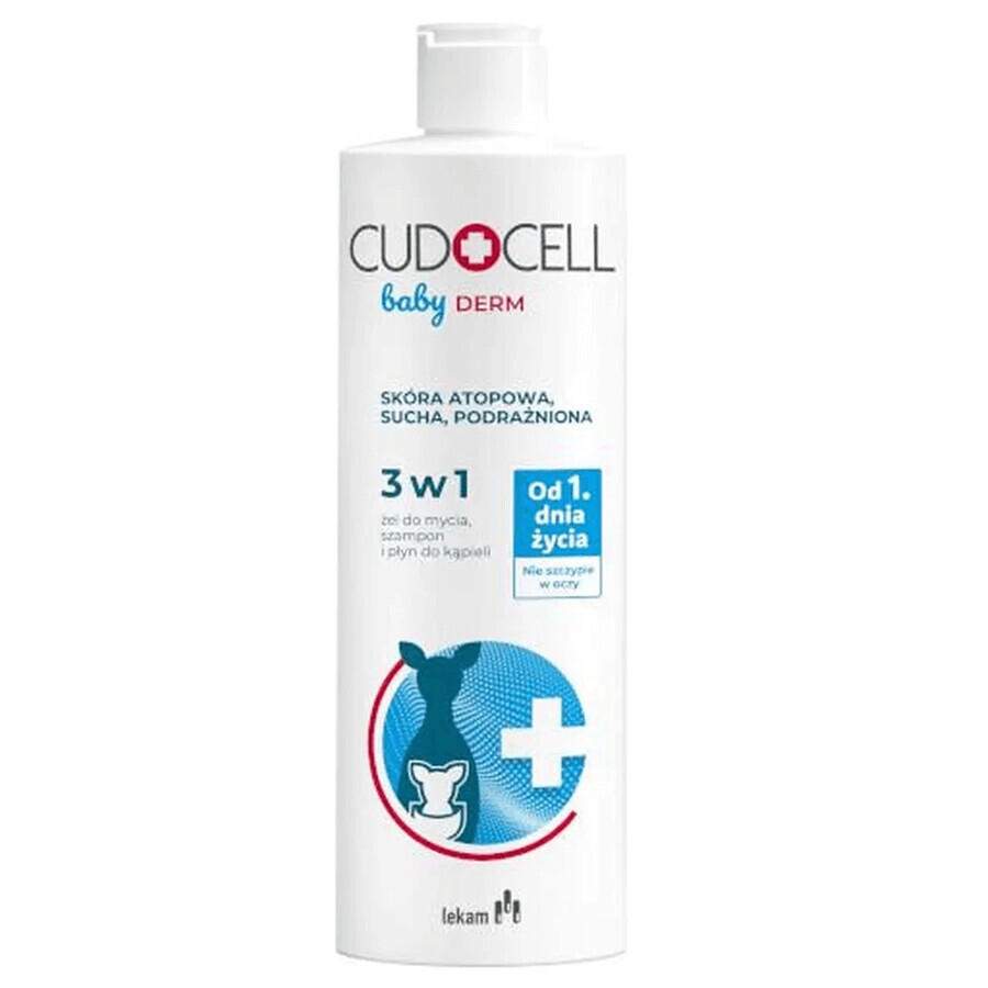 Cudocell Baby Derm, wasgel, shampoo en badvloeistof 3in1, atopische huid, droog, geïrriteerd, vanaf 1 levensdag, 400 ml