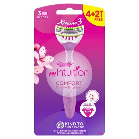 Wilkinson Sword Xtreme 3 My Intuition, aparat de ras pentru femei, de unică folosință, lamă triplă, Comfort Cherry Blossom, 4 buc + 2 buc gratis