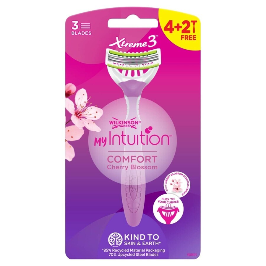 Wilkinson Sword Xtreme 3 My Intuition, aparat de ras pentru femei, de unică folosință, lamă triplă, Comfort Cherry Blossom, 4 buc + 2 buc gratis