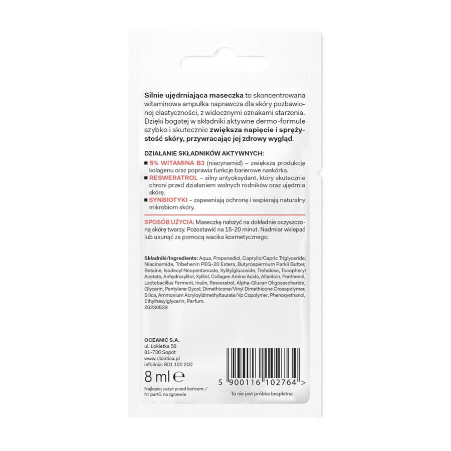 L&#39;Biotica Dermomask, sterk verstevigend gezichtsmasker met vitamine B3, 8 ml