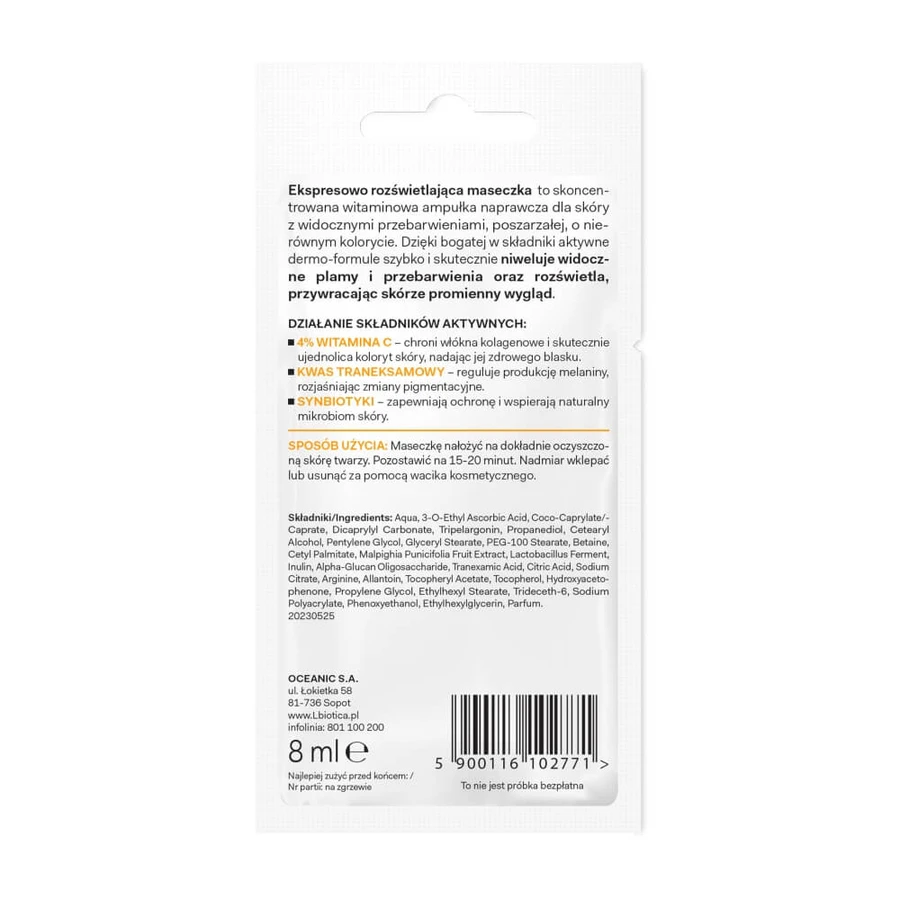 L'Biotica Dermomask, maschera viso espressamente illuminante con vitamina C, 8 ml