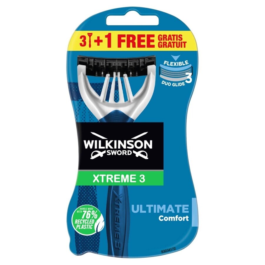 Wilkinson Sword Xtreme3 ​​Ultimate Plus, wegwerpscheermesjes, 3 stuks + 1 gratis stuk