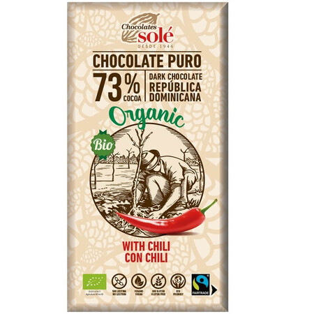 Biologische donkere chocolade met chili 73% cacao, 100g, Pronat