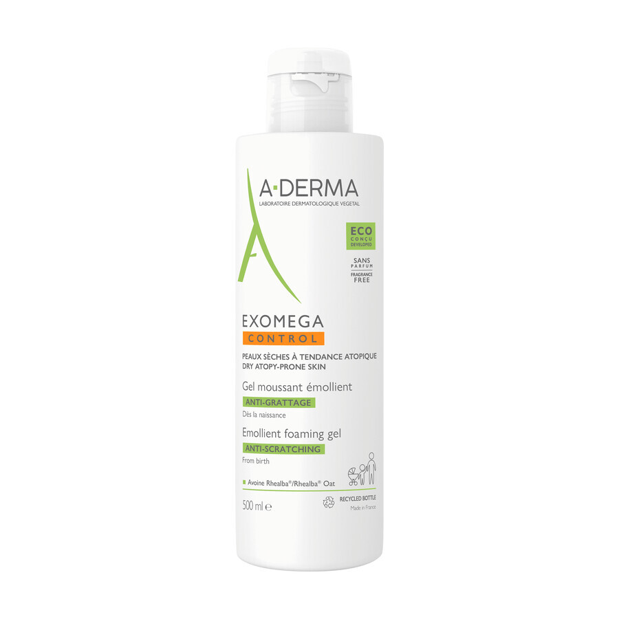 A-Derma Exomega Control, gel de ducha y baño emoliente espumoso, pieles atópicas desde el nacimiento, 500 ml