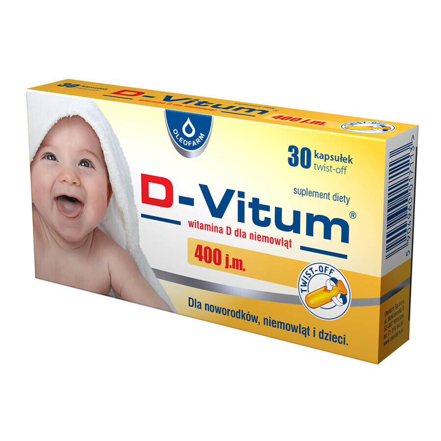 D-Vitum 400 UI, vitamine D pour nouveau-nés, nourrissons et enfants, 30 gélules twist-off