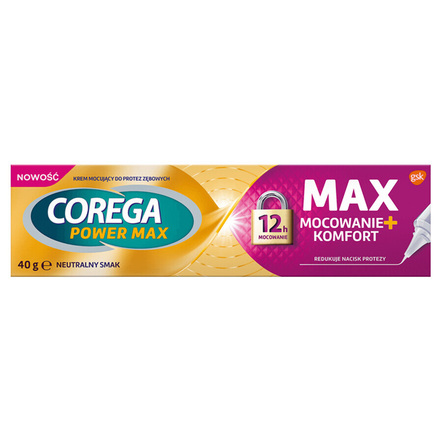 Corega Power Max Fixation + Comfort, fixeercrème voor kunstgebitten, neutraal, 40 g