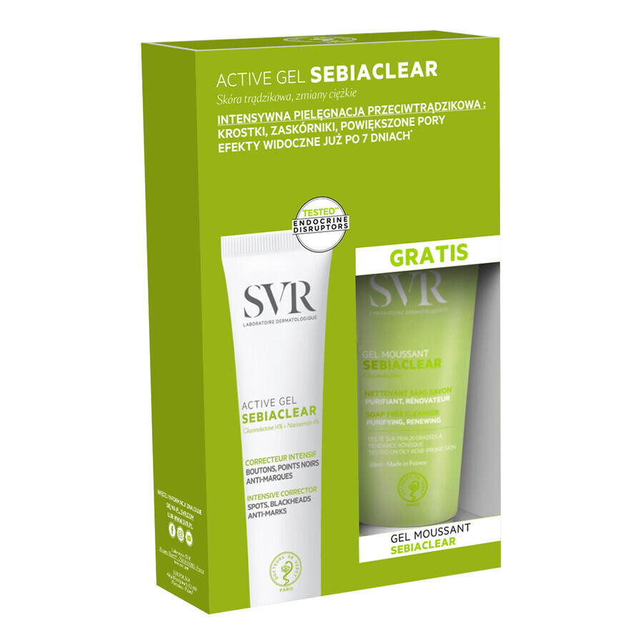 SVR Sebiaclear Active Gel coffret, gel contre les imperfections cutanées, 40 ml + gel nettoyant, mousse sans savon qui nettoie les pores, 55 ml offert