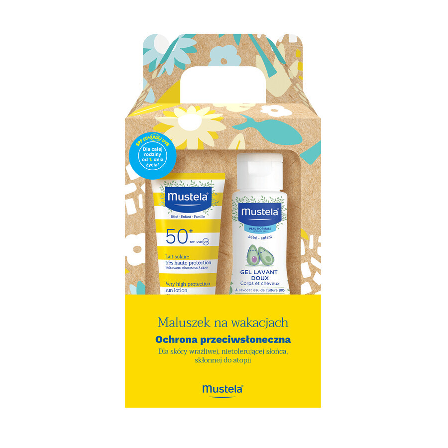 Mustela Sun Baby on holiday set, Sonnenschutzmilch, SPF 50+, 40 ml + Waschgel, 100 ml