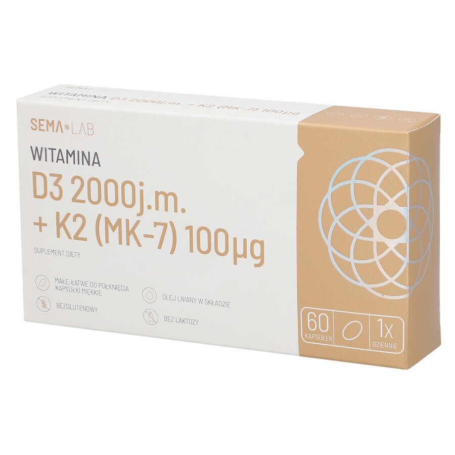 SEMA Lab Vitamina D3 2000 UI + K2 (MK-7) 100 µg, 60 cápsulas blandas FECHA CORTA