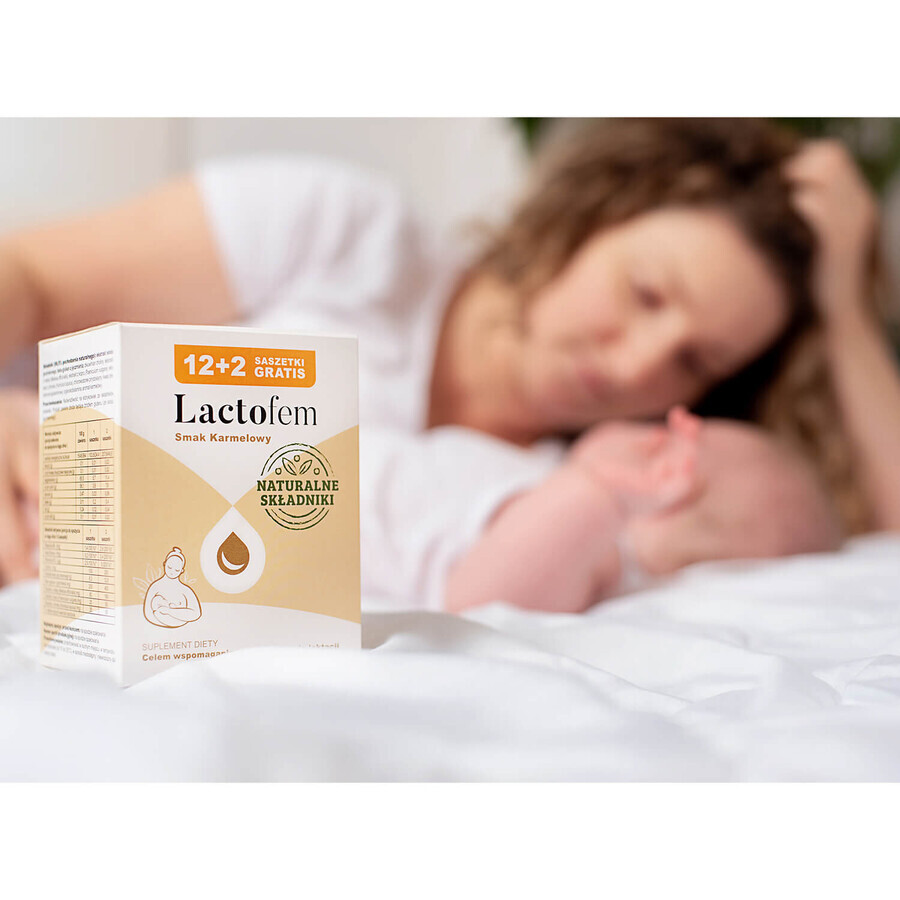 Lactofem, karamelsmaak, 12 sachets +2 sachets gratis VERONTREINIGDE VERPAKKING