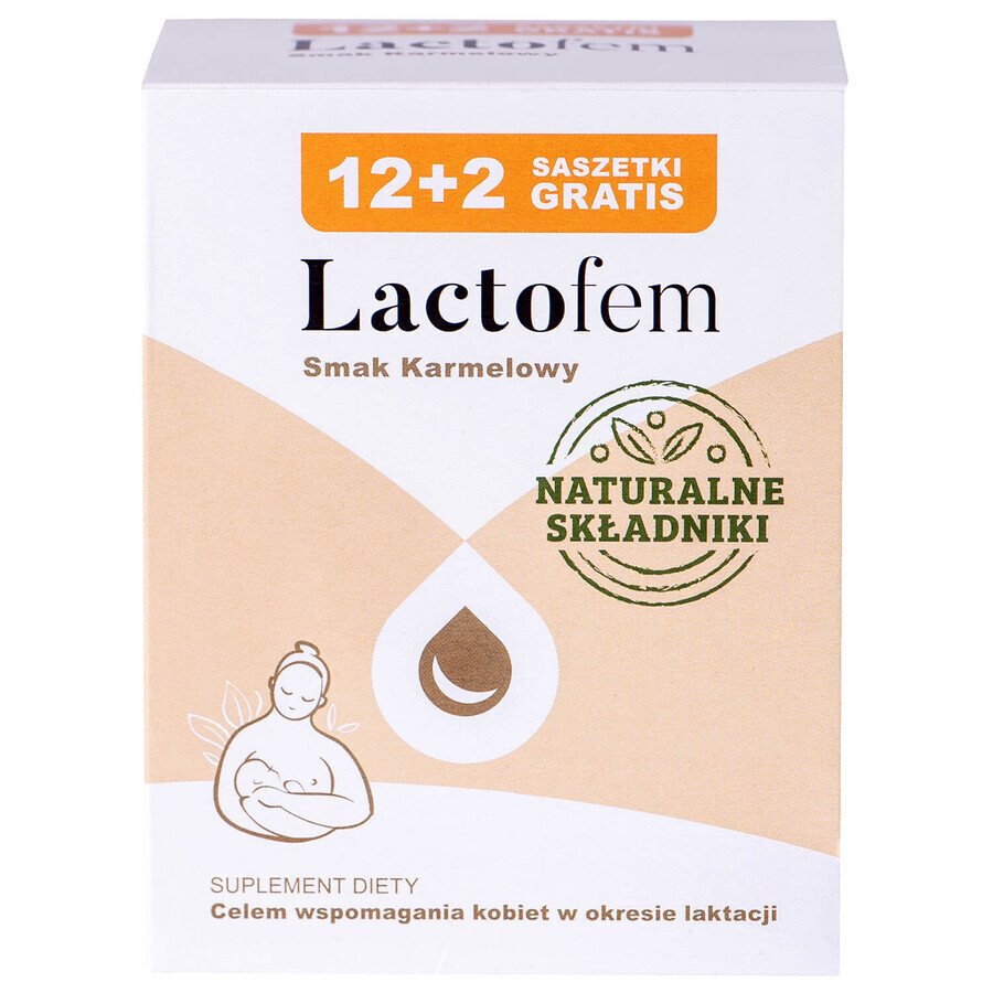 Lactofem, karamelsmaak, 12 sachets +2 sachets gratis VERONTREINIGDE VERPAKKING