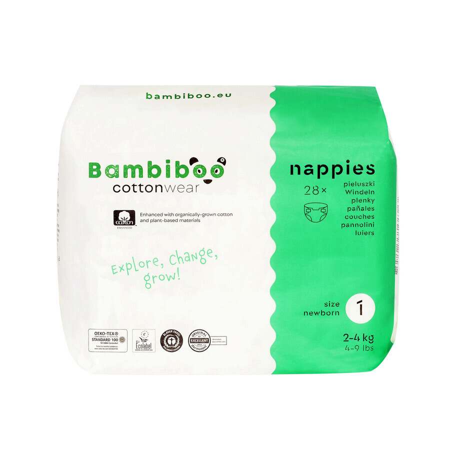 Bambiboo Cottonwear, pañales desechables de algodón orgánico, Recién nacido, talla 1, 2-4 kg, 28 piezas