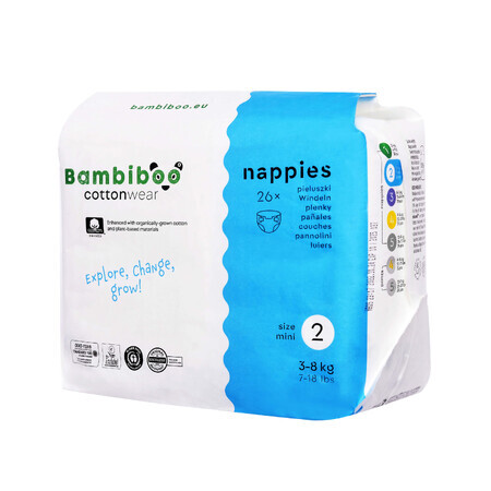 Bambiboo Cottonwear, pañales desechables de algodón orgánico, Mini, talla 2, 3-8 kg, 26 piezas