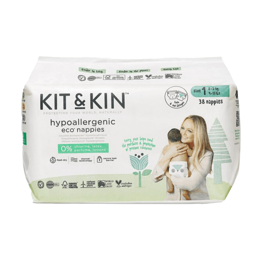 Kit&amp;Kin, pañales desechables, biodegradables, talla 1, 2-5 kg, 38 piezas