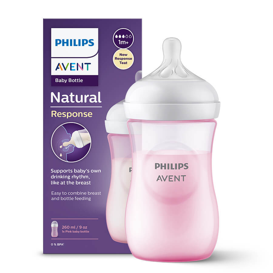 Avent Natural Response, biberon avec tétine réactive, rose, débit 3, SCY903/11, après 1 mois, 260 ml 