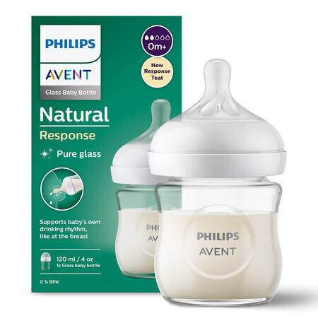 Avent Natural Response, glazen fles met responsieve speen, flow 2, SCY930/01, vanaf de geboorte, 120ml 