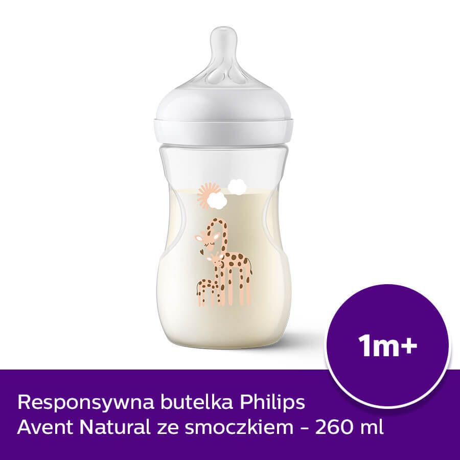 Avent Natural Response, biberon con tettarella reattiva, giraffe, flusso 3, SCY903/66, dopo 1 mese, 260 ml 