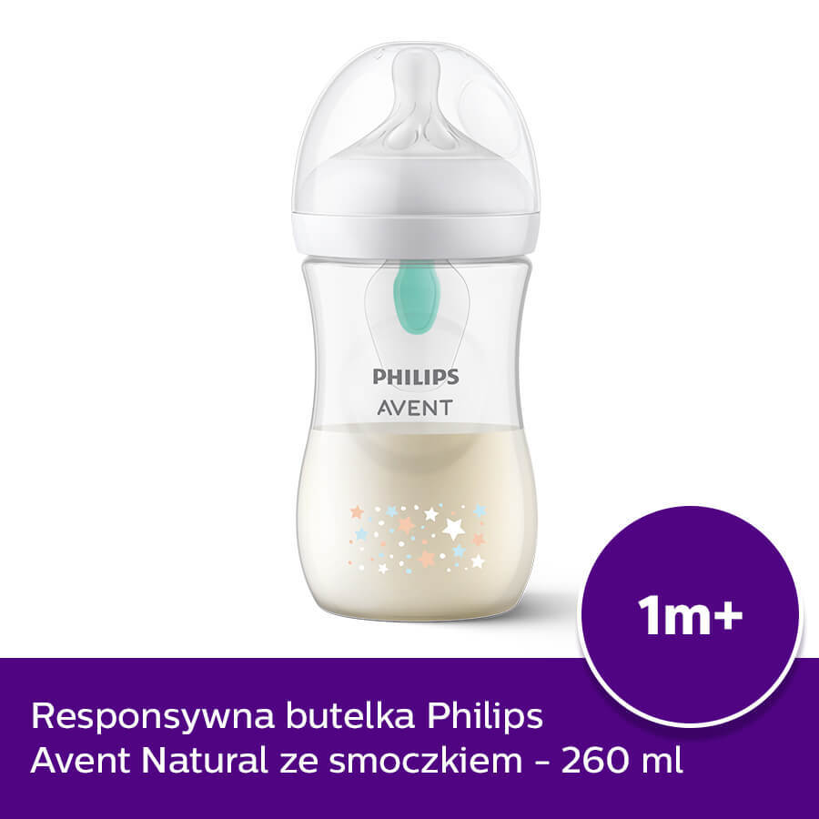 Avent Natural Response, biberón con tetina sensible, válvula AirFree, osito de peluche, flujo 3, SCY673/82, después de 1 mes, 260 ml