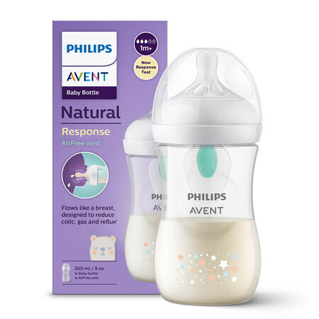 Avent Natural Response, biberón con tetina sensible, válvula AirFree, osito de peluche, flujo 3, SCY673/82, después de 1 mes, 260 ml