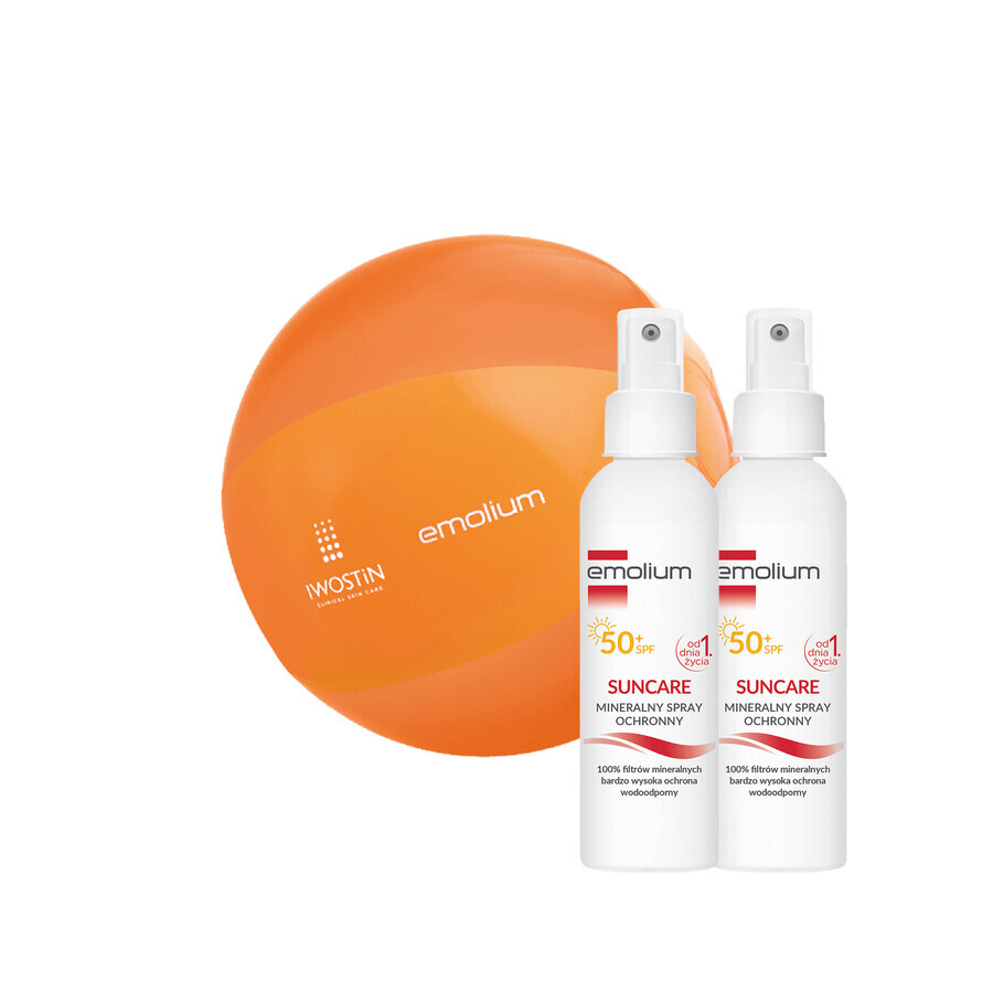 Emolium Sunscreen Set, Mineral Protection Spray for Babies and Adults, SPF 50+, 2 x 100ml + Free Beach Ball