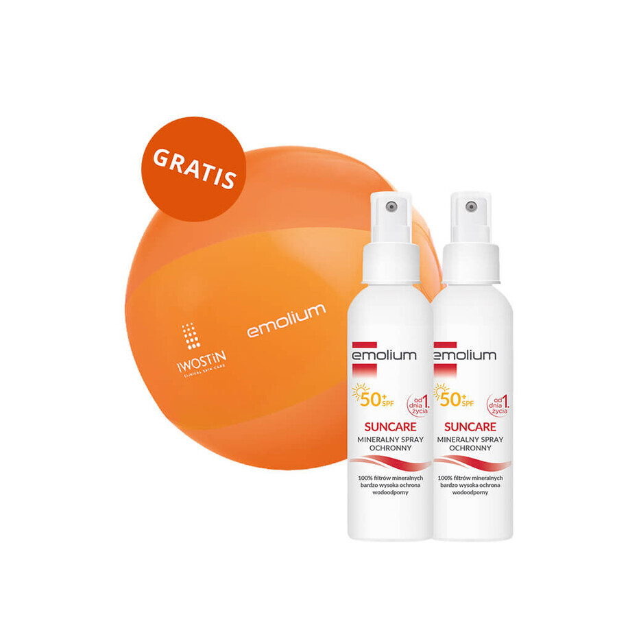 Emolium Sunscreen Set, Mineral Protection Spray for Babies and Adults, SPF 50+, 2 x 100ml + Free Beach Ball