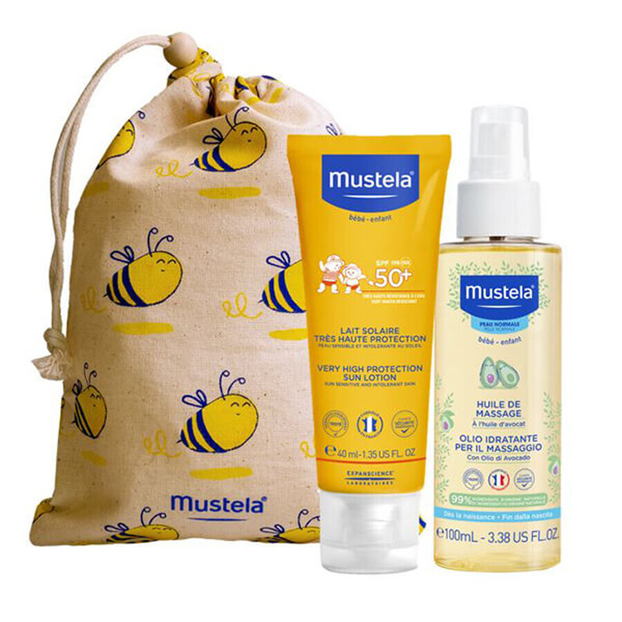 Mustela Sun set, Baby on the go - dry skin, lait solaire, SPF 50, 40 ml + huile de massage, 100 ml + sac cosmétique étanche gratuit