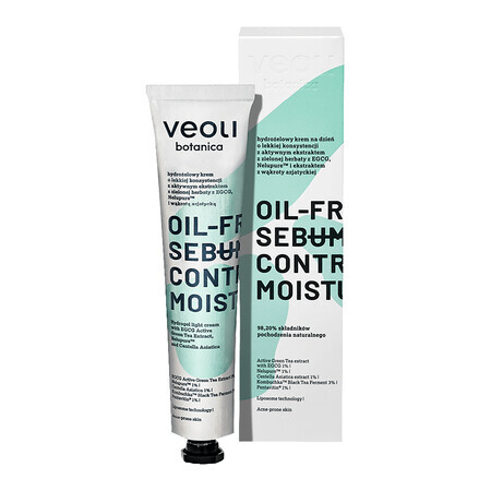 Veoli Botanica Oil-Free Sebum Control Moisturizer, hydrogel dagcrème met actief groene thee-extract met EGCG, Nelupure en Centella Asiatica-extract, 50 ml