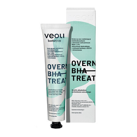 Veoli Botanica Overnight BHA Treatment, crème de nuit réduisant les imperfections avec de l'acide salicylique BHA 1,5%, de l'extrait actif de thé vert avec EGCG et du squalane, 50 ml