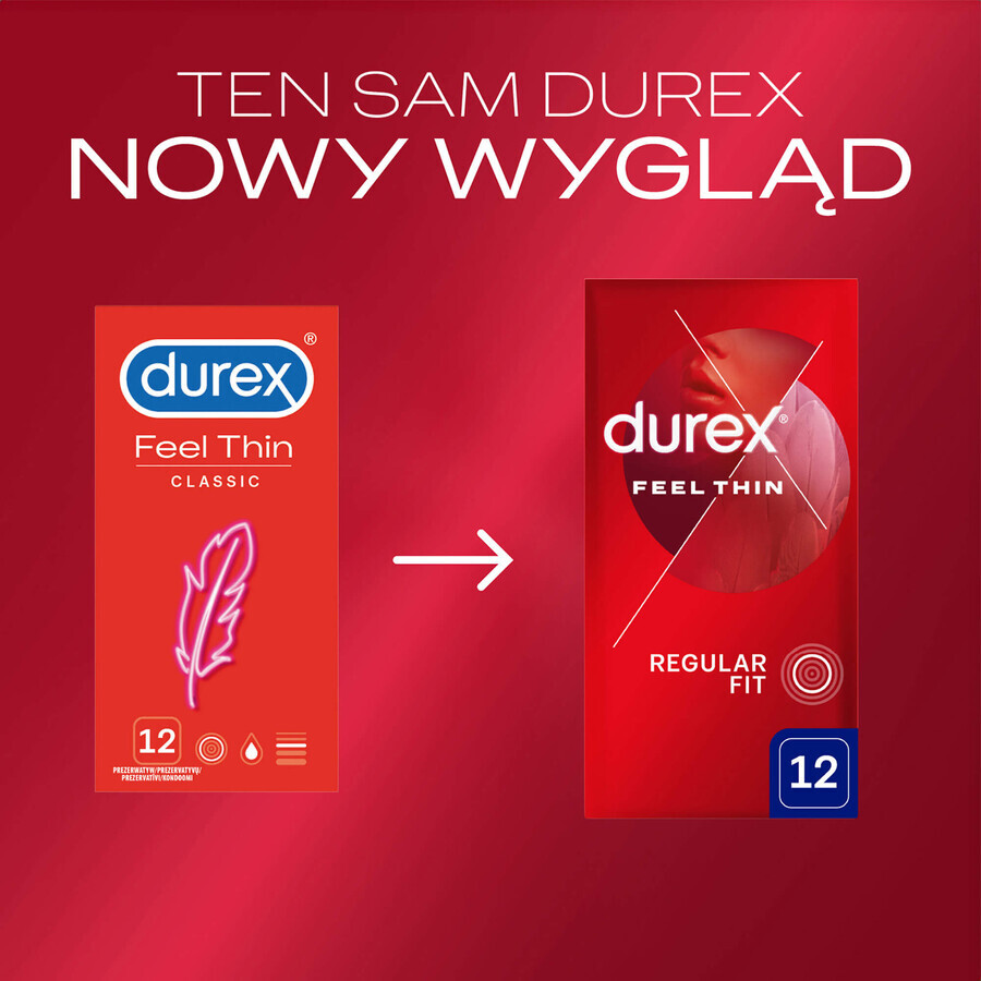 Durex Feel Thin Classic, condooms met meer glijmiddel, dun, 12 stuks