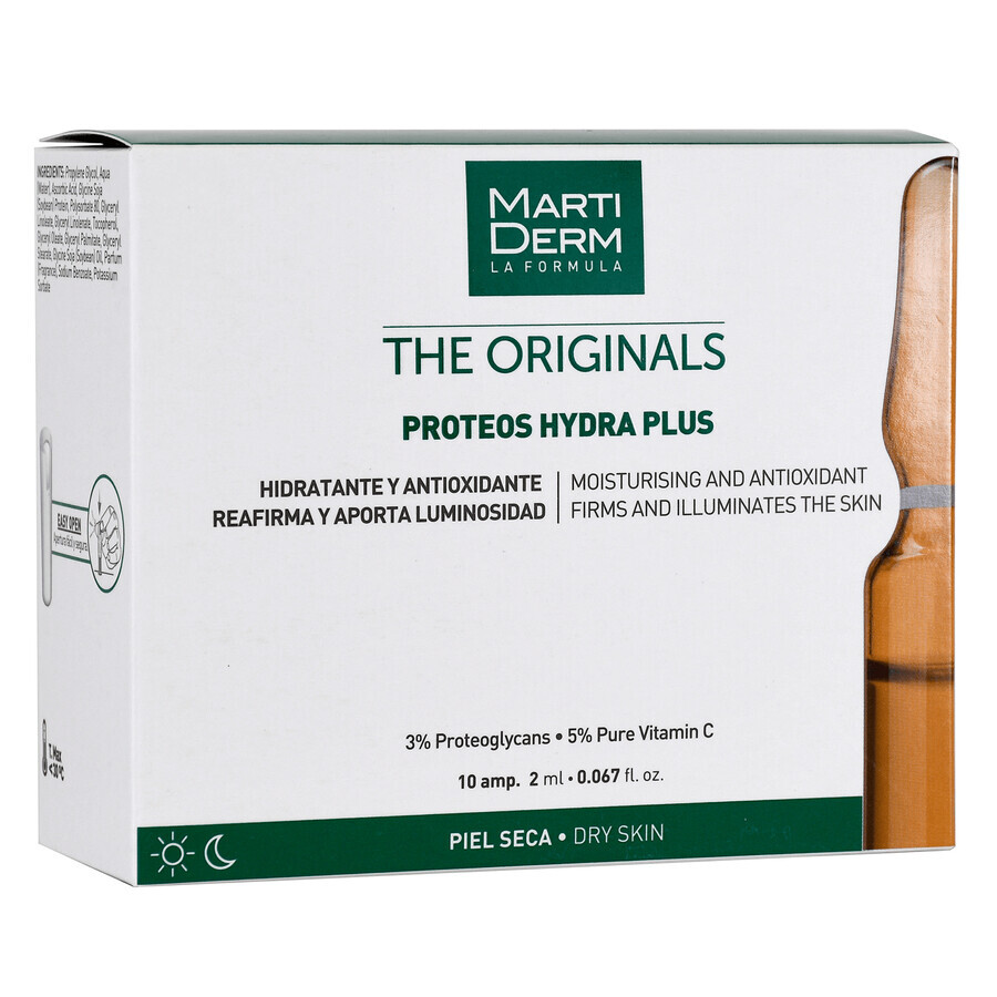 MartiDerm The Originals Proteos Hydra Plus, siero idratante con antiossidanti, pelle secca, 2 ml x 10 fiale