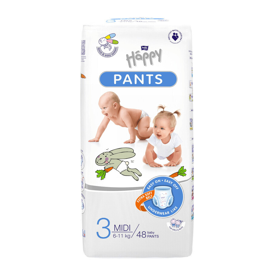 Bella Baby Happy Pants, pantalones pañales, talla 3 Midi, 6-11 kg, 48 piezas