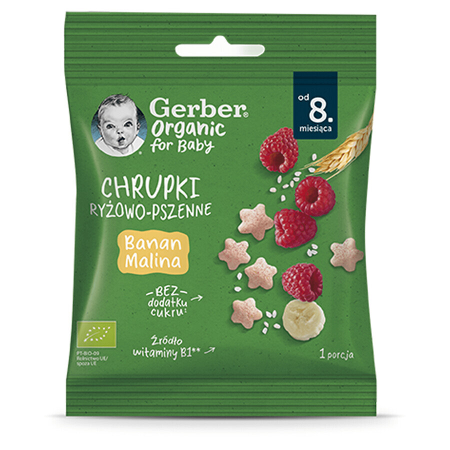 Gerber Organic chipsuri de orez și grâu, banane, zmeură, după 8 luni, 7 g