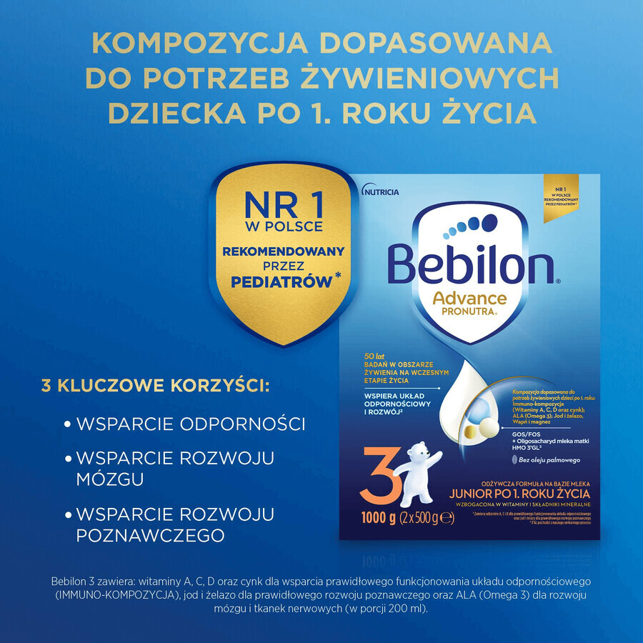 Set Bebilon Advance Pronutra 3 Junior, formulă nutritivă pe bază de lapte, după 1 an, 3 x 1000 g