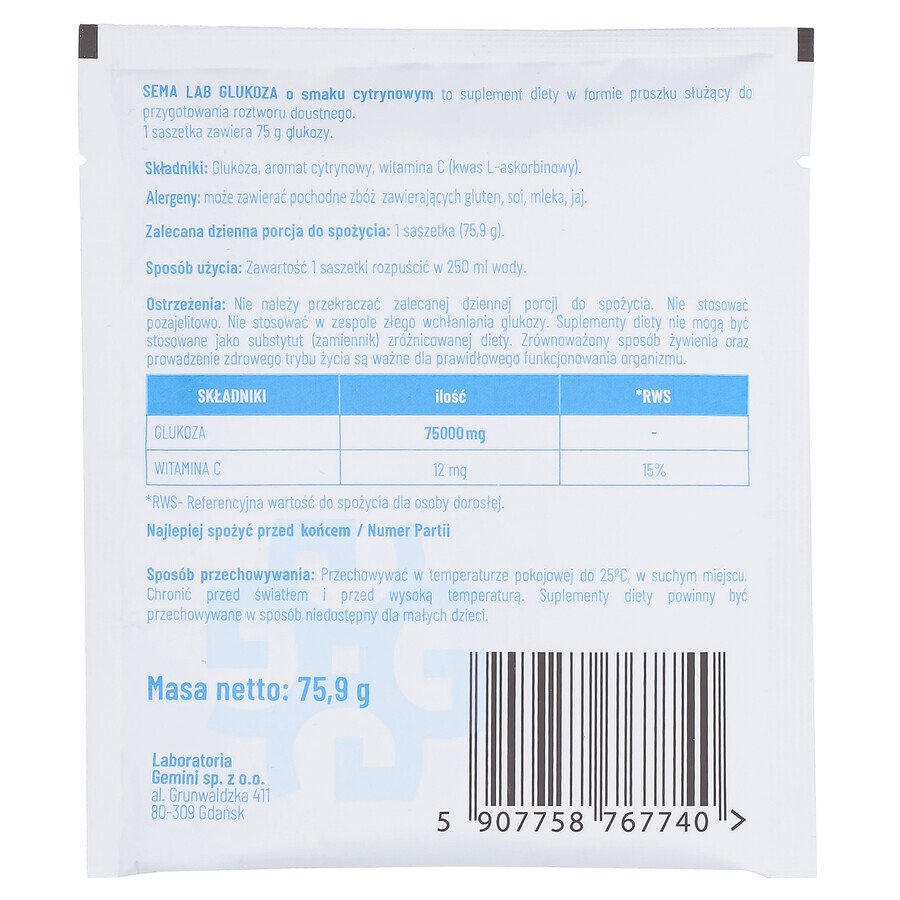 SEMA Lab Glucose, powder for oral solution, lemon flavor, 75.9 g