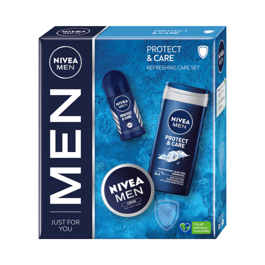 Nivea Men Protect &amp; Care set, 3-in-1 douchegel voor gezicht, lichaam en haar, 250 ml + antitranspirantroller, 48h, 50 ml + gezichts-, lichaams- en handcrème, 75 ml