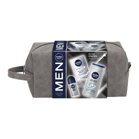 Nivea Men Silver Control kit, aftershave balsem, antibacterieel, 100 ml + roll-on antitranspirant, 48h, 50 ml + 3-in-1 douchegel voor gezicht, lichaam en haar, 250 ml