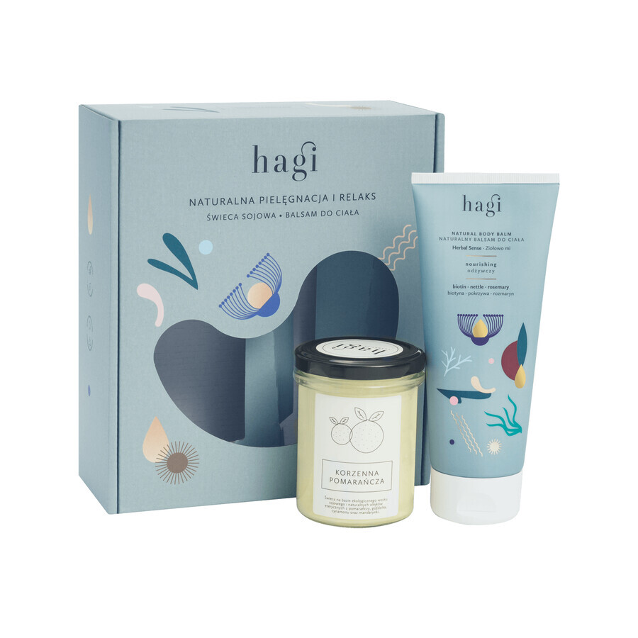 Hagi Herbal Mi set, lozione per il corpo, 200 ml + candela di soia, Arancia piccante, 215 ml