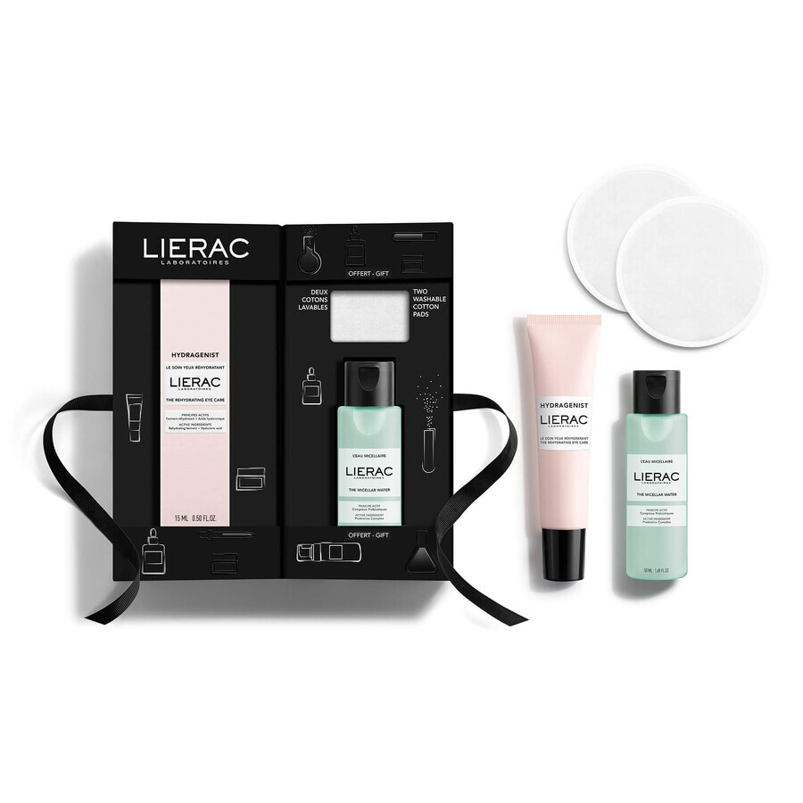 Lierac Hydragenist set, crema de ojos, 15 ml + agua micelar, 50 ml + almohadillas cosméticas, 2 piezas de regalo