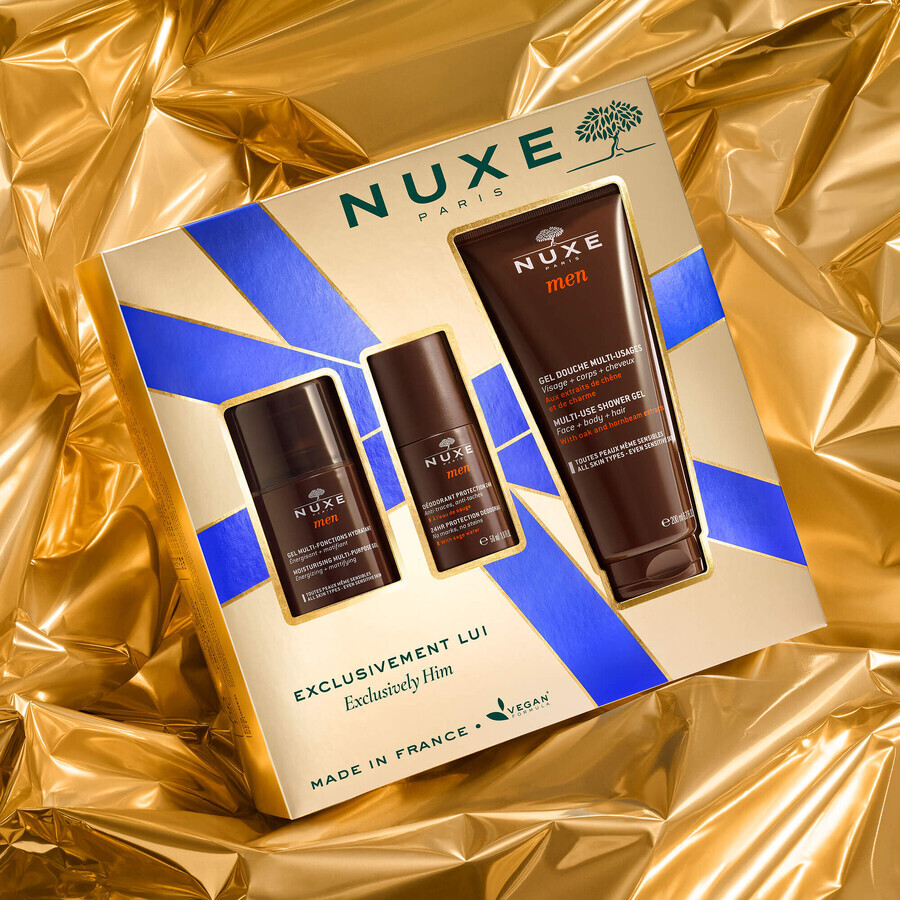 Nuxe Men Set, multifunctional facial moisturizing gel, 50 ml + roll-on deodorant, 50 ml + shower gel, 200 ml