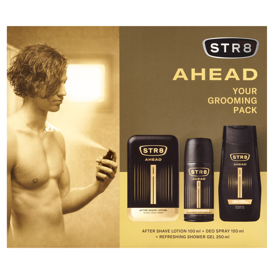 STR8 Ahead set, aftershave, 100 ml + déodorant spray, 150 ml + gel douche, 250 ml