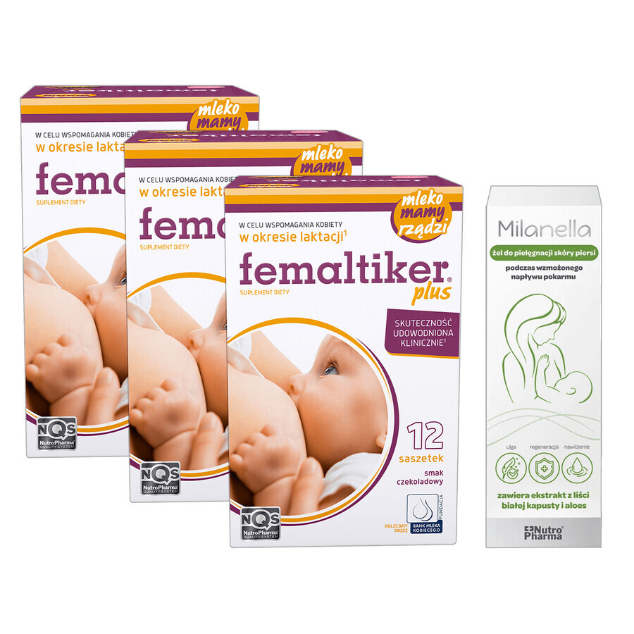 Set Femaltiker Plus, chocoladesmaak, 3 x 12 sachets + Milanella, borstverzorgende gel, 75 ml