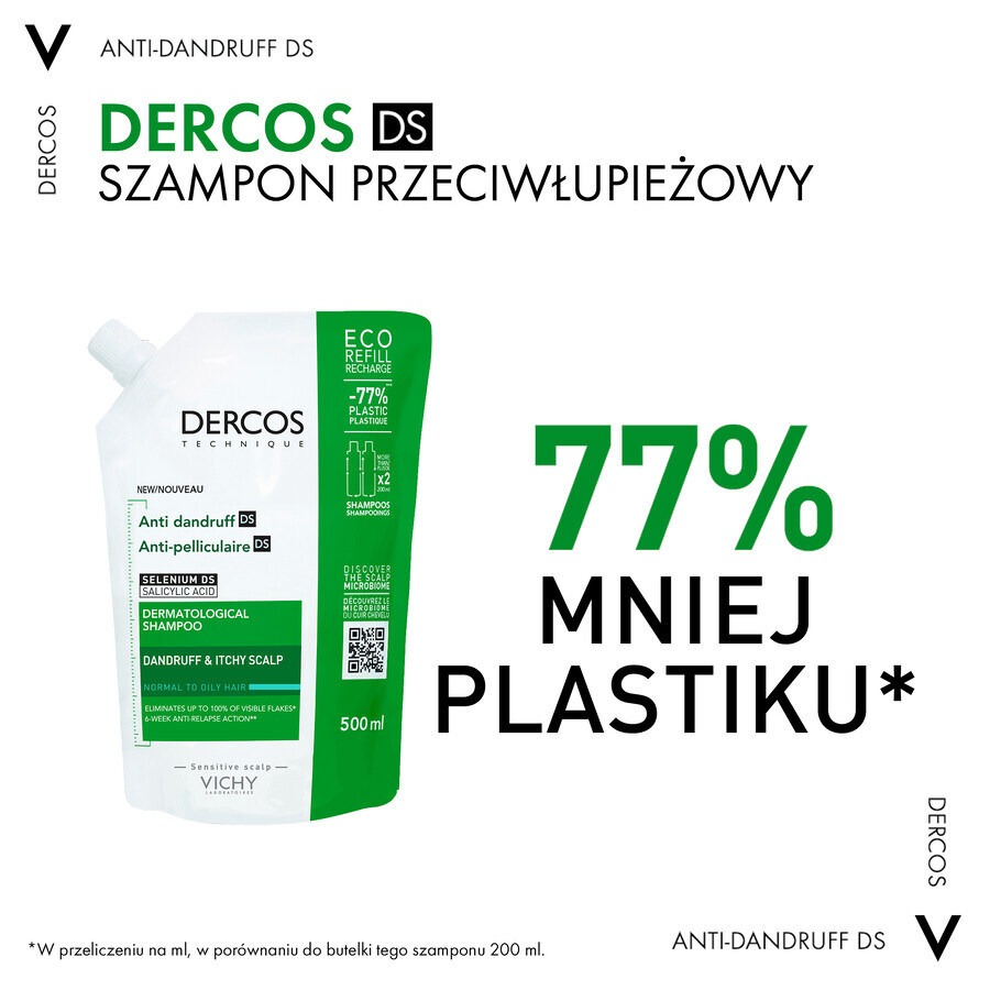 Vichy Dercos Anti Dandruff DS, șampon anti-mătreață, păr normal și gras, rezervă, 500 ml