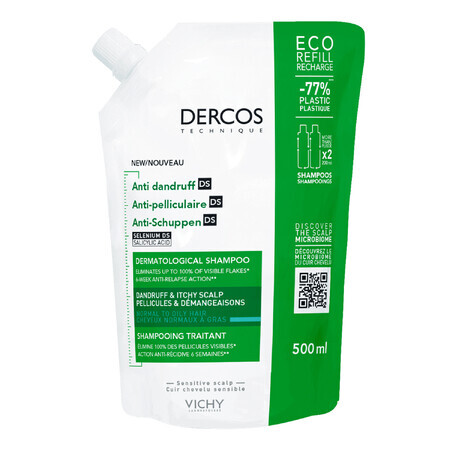 Vichy Dercos Anti Dandruff DS, șampon anti-mătreață, păr normal și gras, rezervă, 500 ml