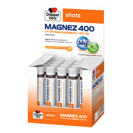 Doppelherz Shots Magneziu 400, lichid, aromă de portocale și lămâie, 25 ml x 20 fiole