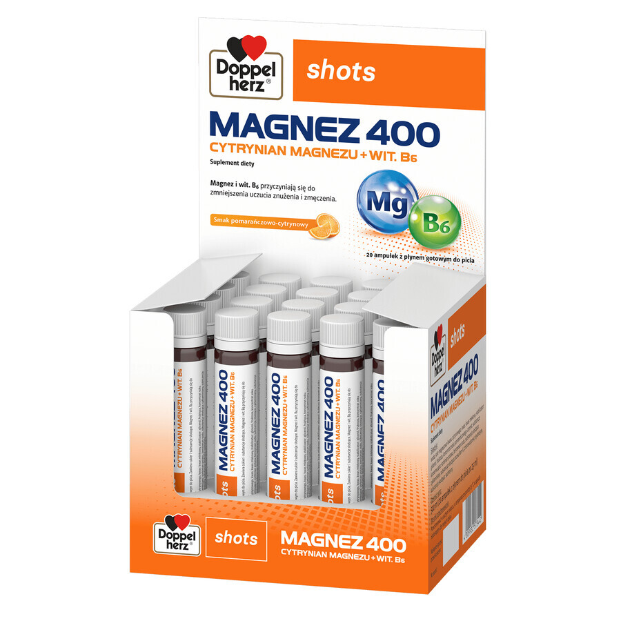 Doppelherz Shots Magneziu 400, lichid, aromă de portocale și lămâie, 25 ml x 20 fiole