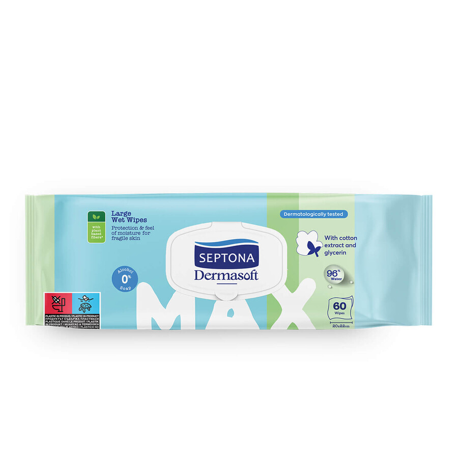 Septona Dermasoft Max, vochtige doekjes, katoenextract en glycerine, 60 stuks