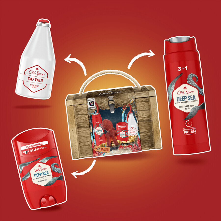 Old Spice Treasure Chest Set, Deodorant, Stick, Deep Sea, 50 ml + Duschgel, Deep Sea, 250 ml + Aftershave, Captain, 100 ml + Box