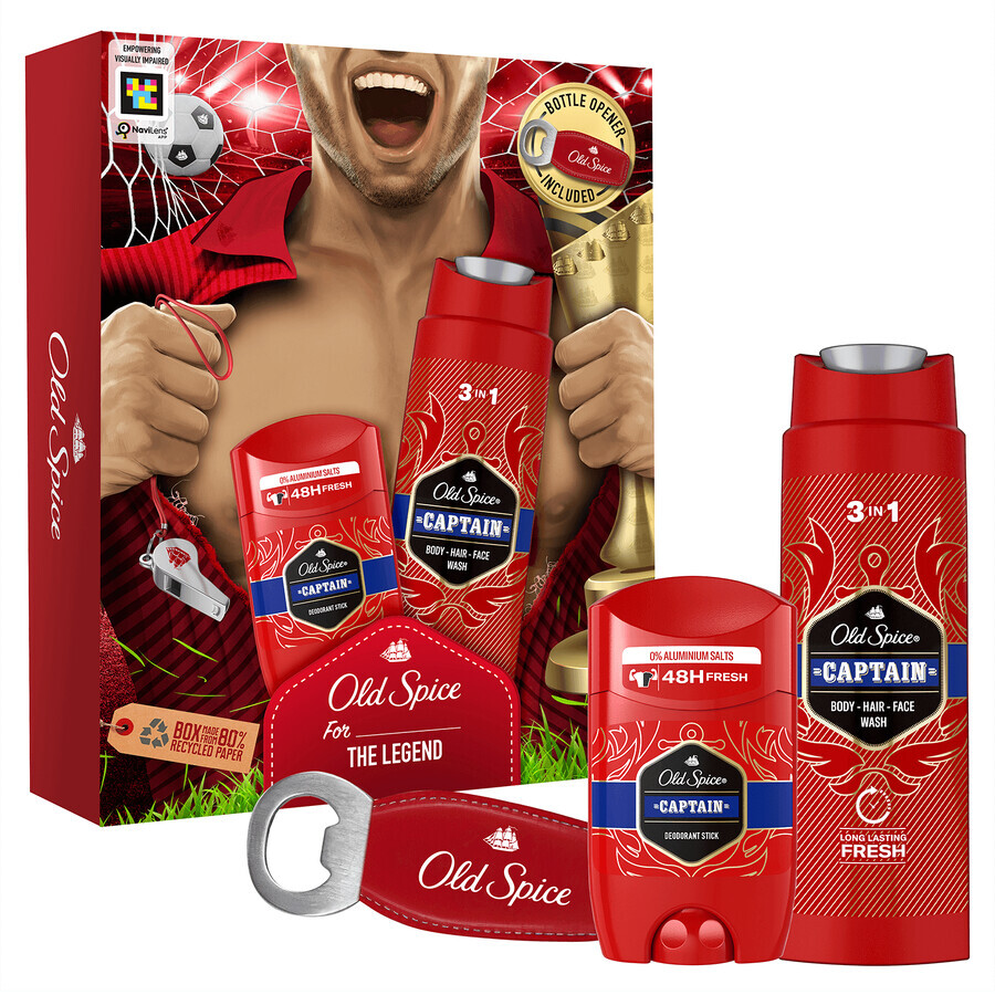 Set Old Spice Footballer, desodorante en barra, Capitán, 50 ml + gel de ducha 3 en 1, Capitán, 250 ml + abrebotellas