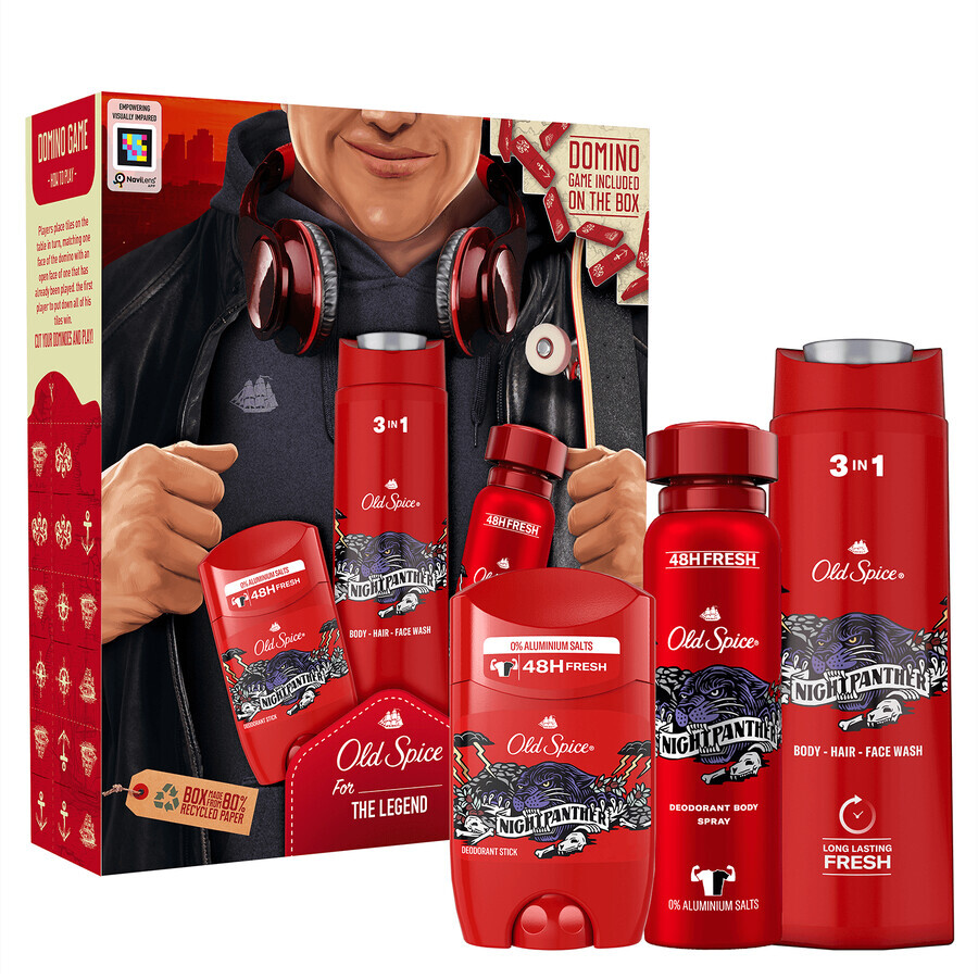 Old Spice City Explorer set, deodorant stick, Night Panther, 50 ml + deodorant spray, Night Panther, 150 ml + 3-in-1 douchegel, Night Panther, 400 ml + dominostenen